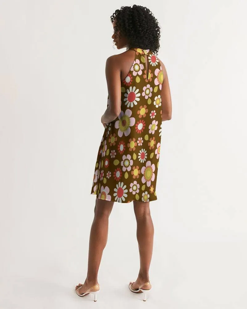 Retro Brown Daisy Mod Halter Dress