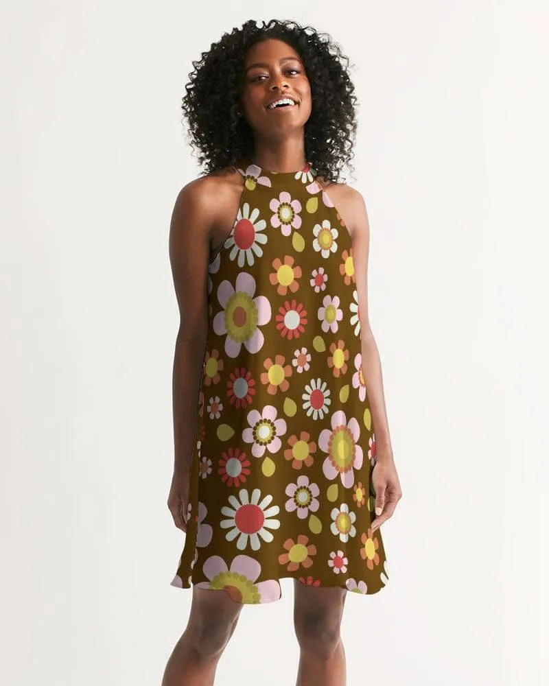 Retro Brown Daisy Mod Halter Dress