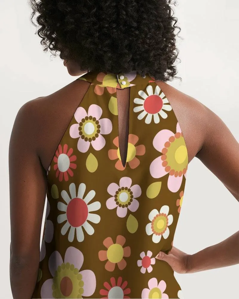 Retro Brown Daisy Mod Halter Dress