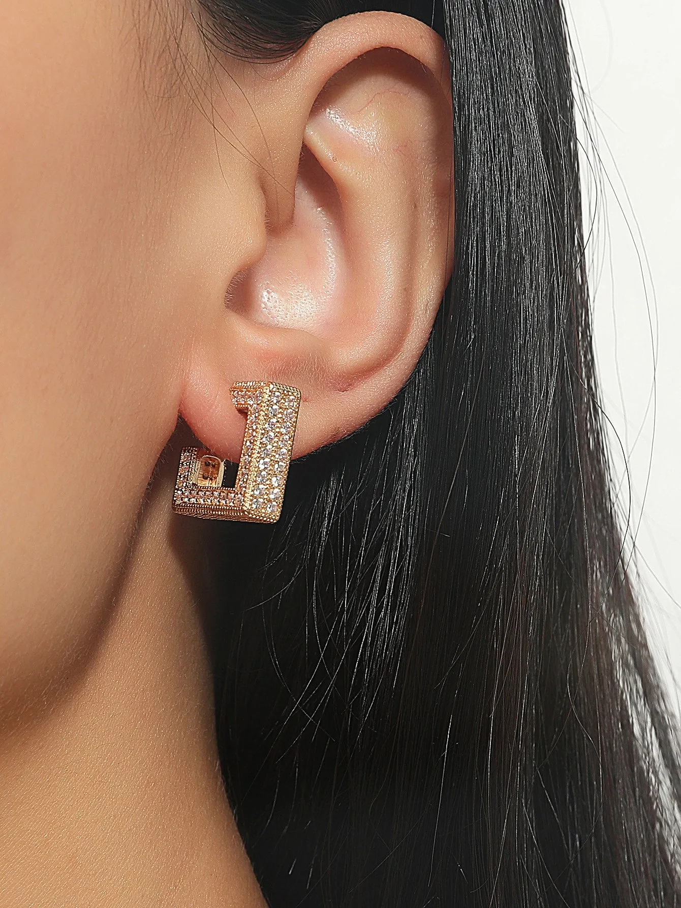 Rhinestone Decor Geometric Hoop Earrings - Gold