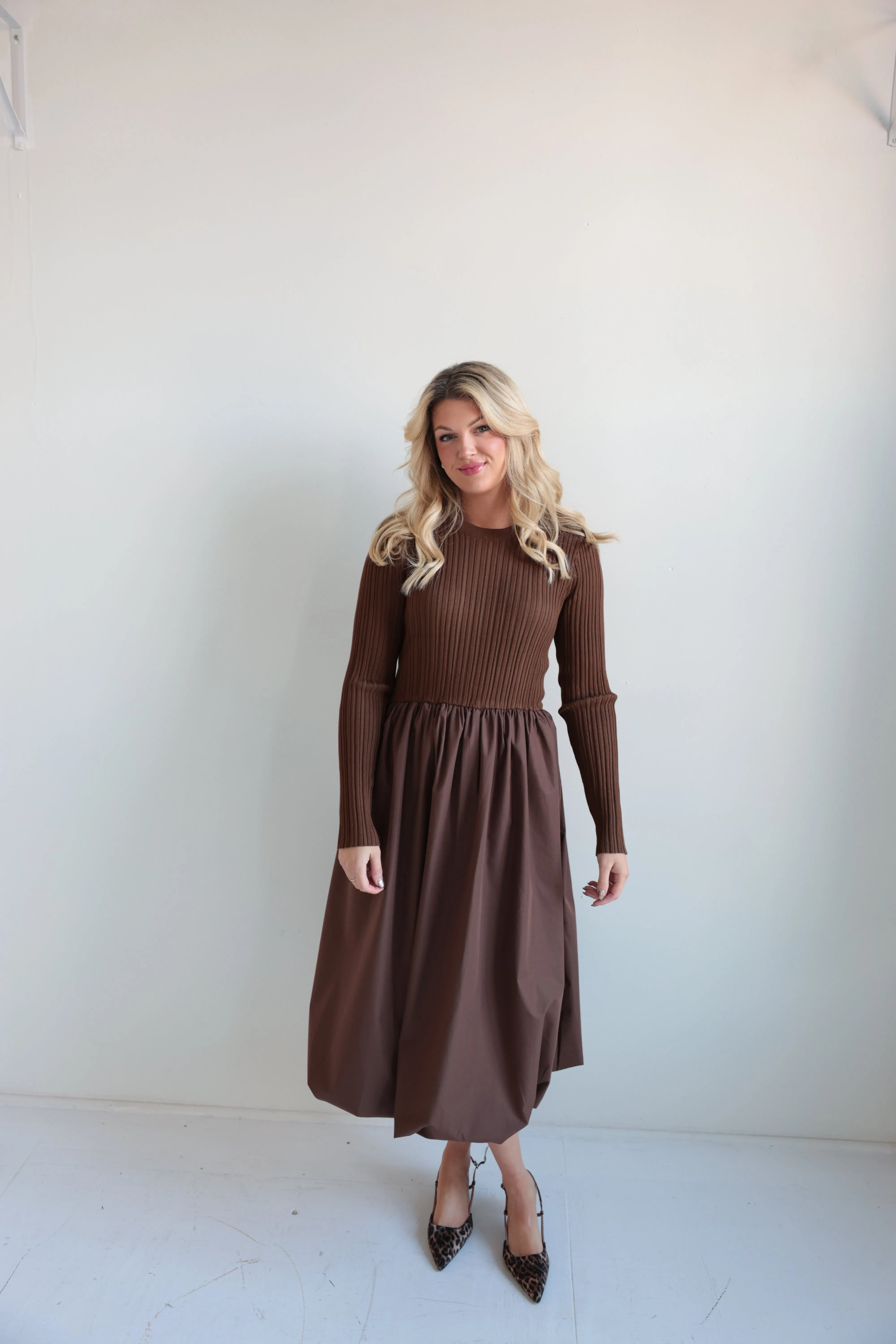 Ribbed Knit & Balloon Skirt Dress-Final Sale
