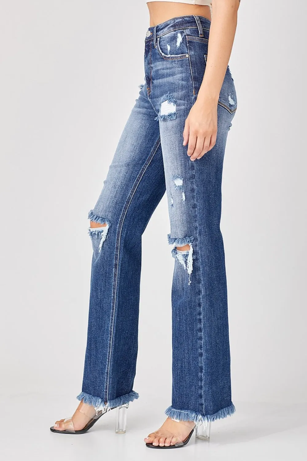 Risen Full Size Raw Hem Distressed Straight Jeans for Women