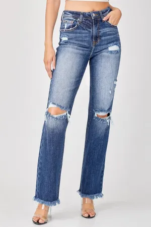 Risen Full Size Raw Hem Distressed Straight Jeans for Women