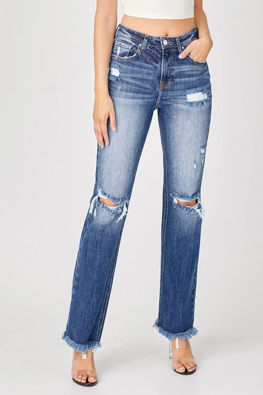 Risen Full Size Raw Hem Distressed Straight Jeans for Women