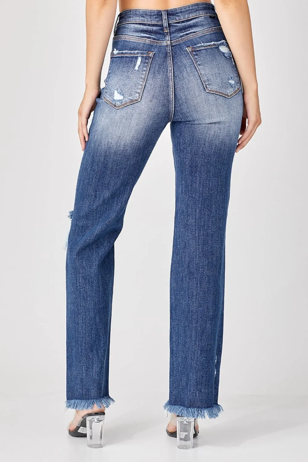 Risen Full Size Raw Hem Distressed Straight Jeans for Women