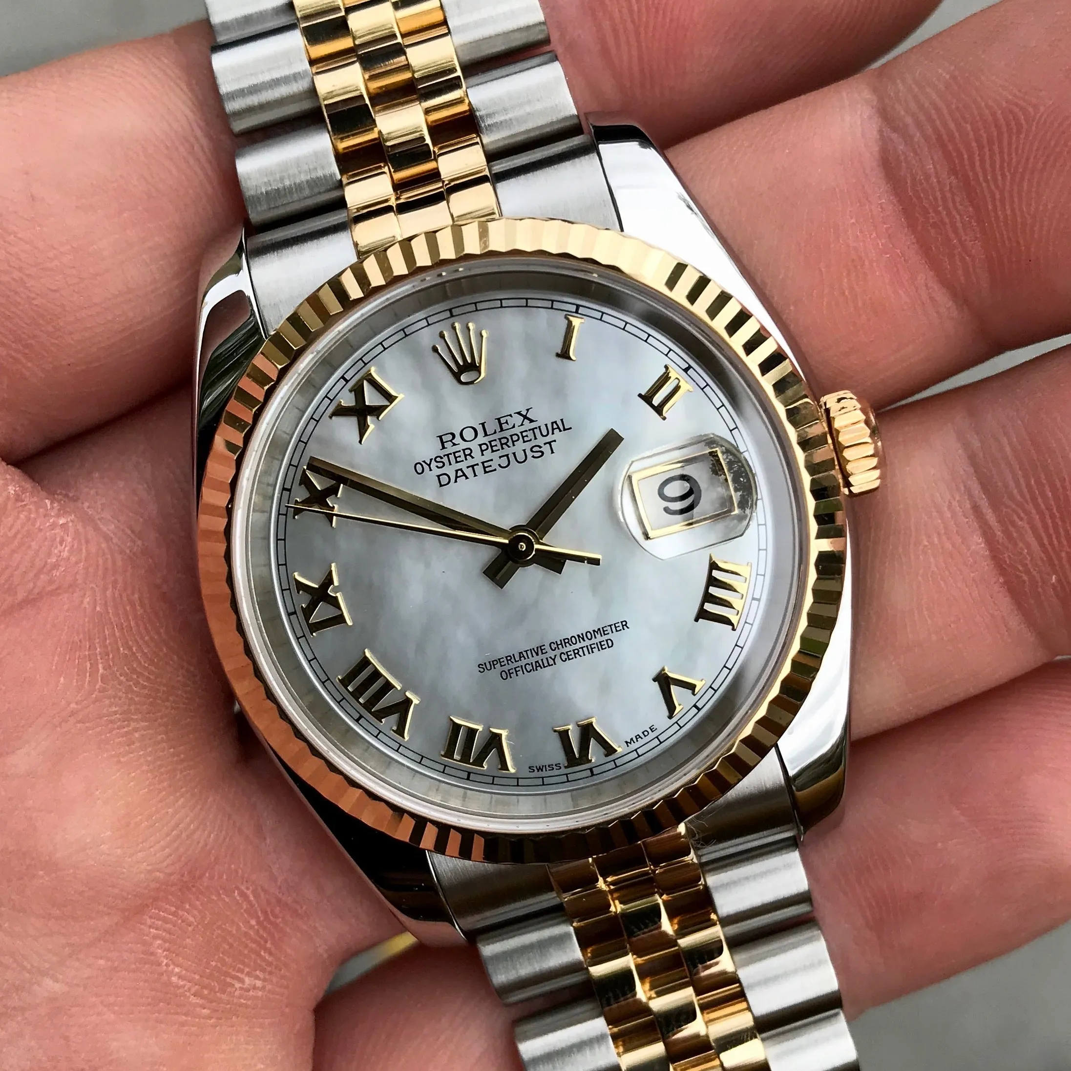 Rolex Datejust 116233 Two Tone Steel Gold Roman MOP Automatic Wristwatch