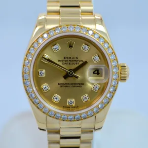 Rolex Ladies President 179138 Datejust 18K Yellow Gold Diamond "K" Serial Champagne Box Papers