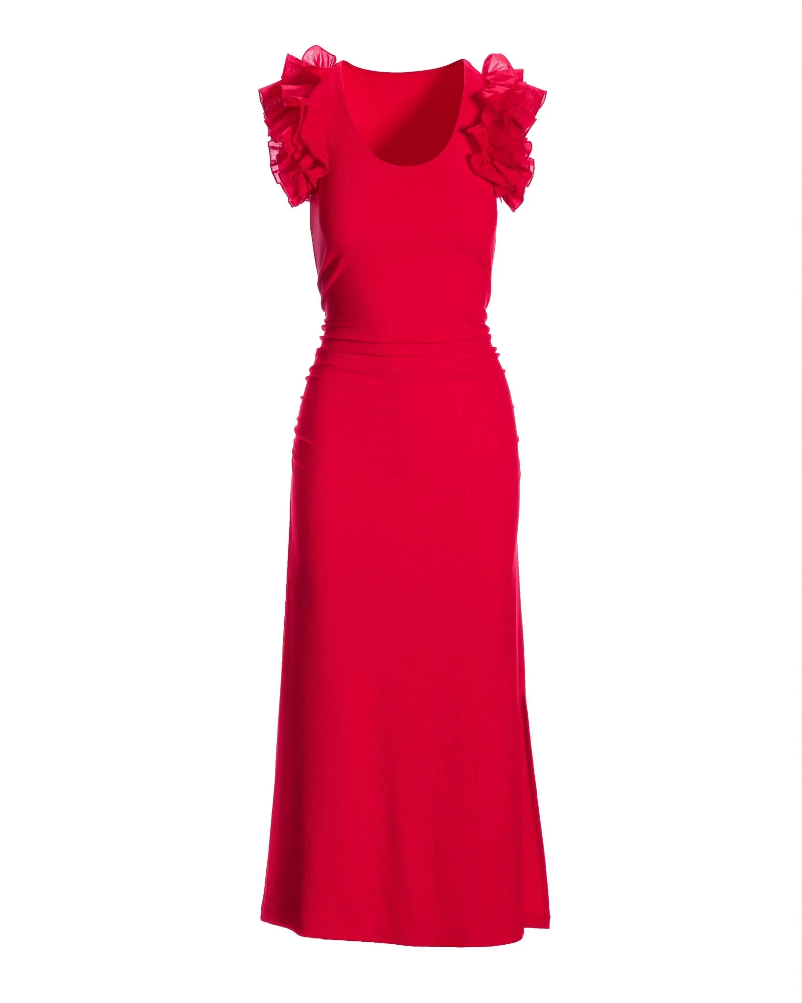 Ruffle Knit Rib Ruched Dress Racing Red