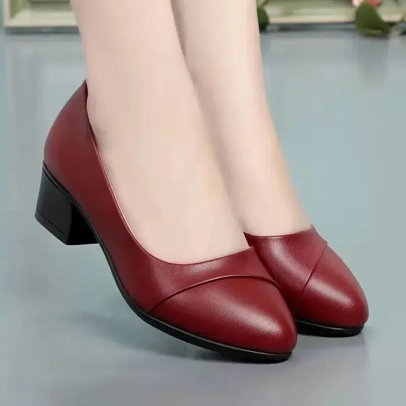 Shoes Women Mid Heel  Office Lady Pumps PU Leather Black Basic Square Heeled Spring Autumn Loafers