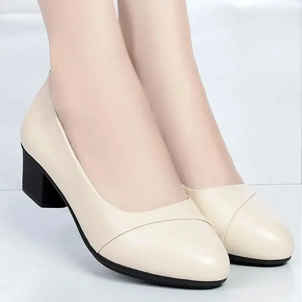 Shoes Women Mid Heel  Office Lady Pumps PU Leather Black Basic Square Heeled Spring Autumn Loafers