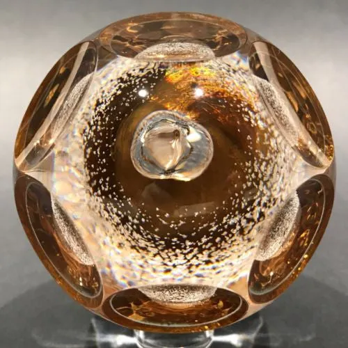 Signed Orrefors Faceted Art Glass Paperweight Gold Plated Modern Design