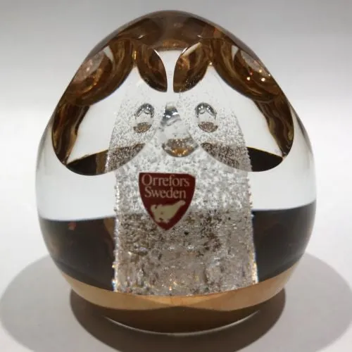 Signed Orrefors Faceted Art Glass Paperweight Gold Plated Modern Design