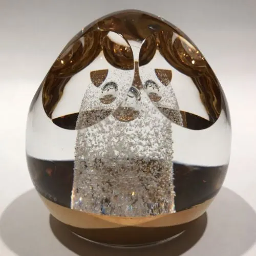 Signed Orrefors Faceted Art Glass Paperweight Gold Plated Modern Design