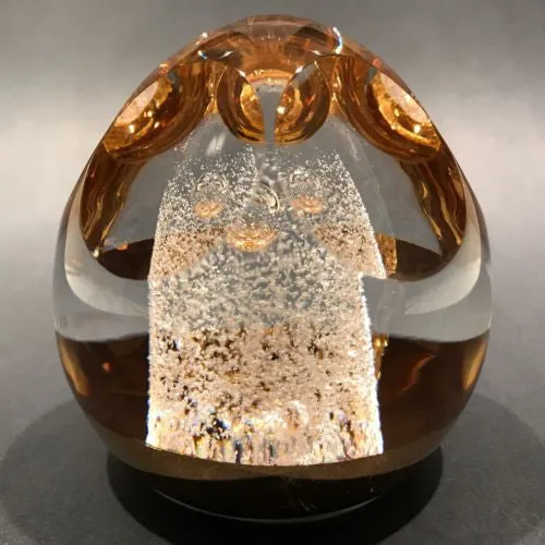 Signed Orrefors Faceted Art Glass Paperweight Gold Plated Modern Design