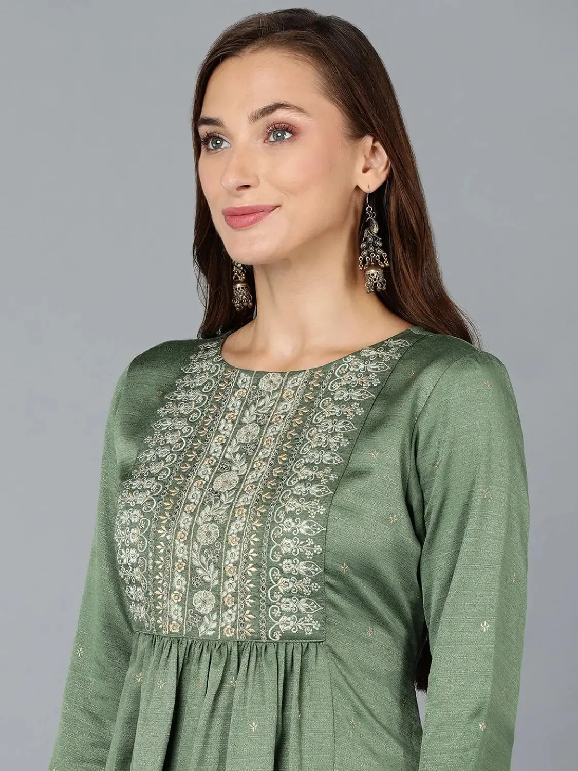 Silk Blend Fern Green Flared Kurta With