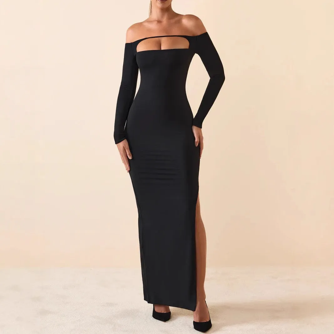 Sophisticated Off-Shoulder Cutout Long Sleeve Bodycon Maxi Dress with Side Slit