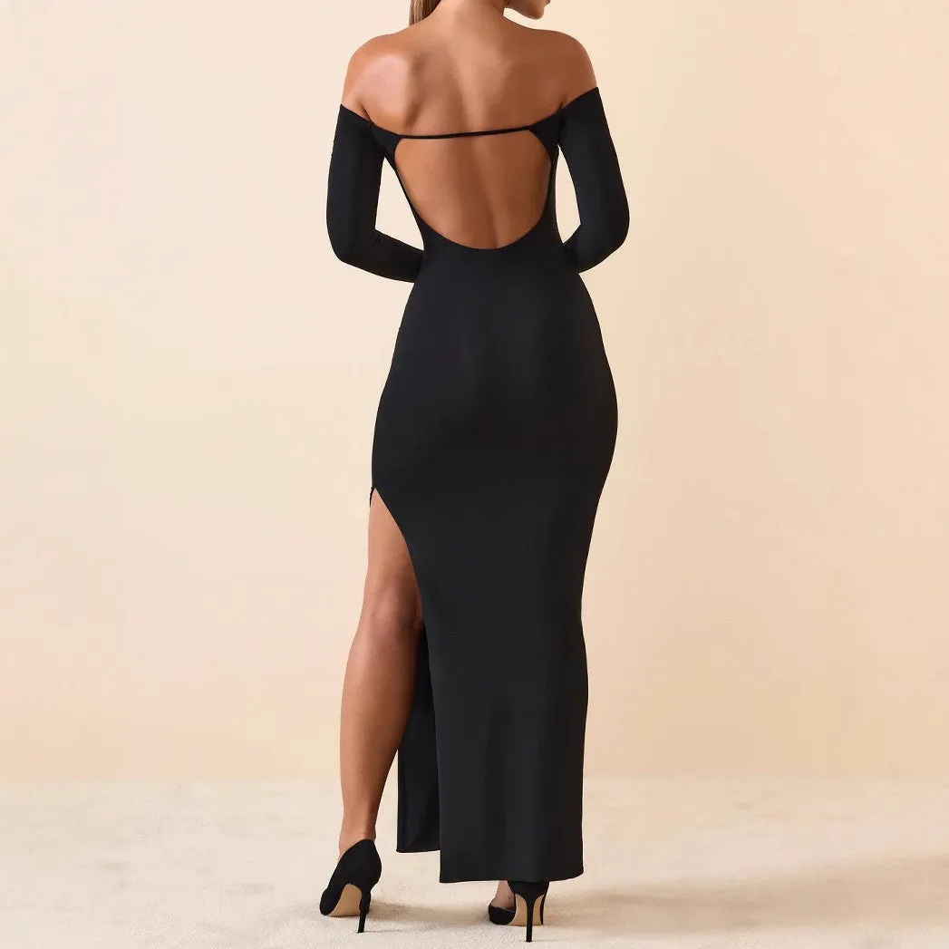 Sophisticated Off-Shoulder Cutout Long Sleeve Bodycon Maxi Dress with Side Slit