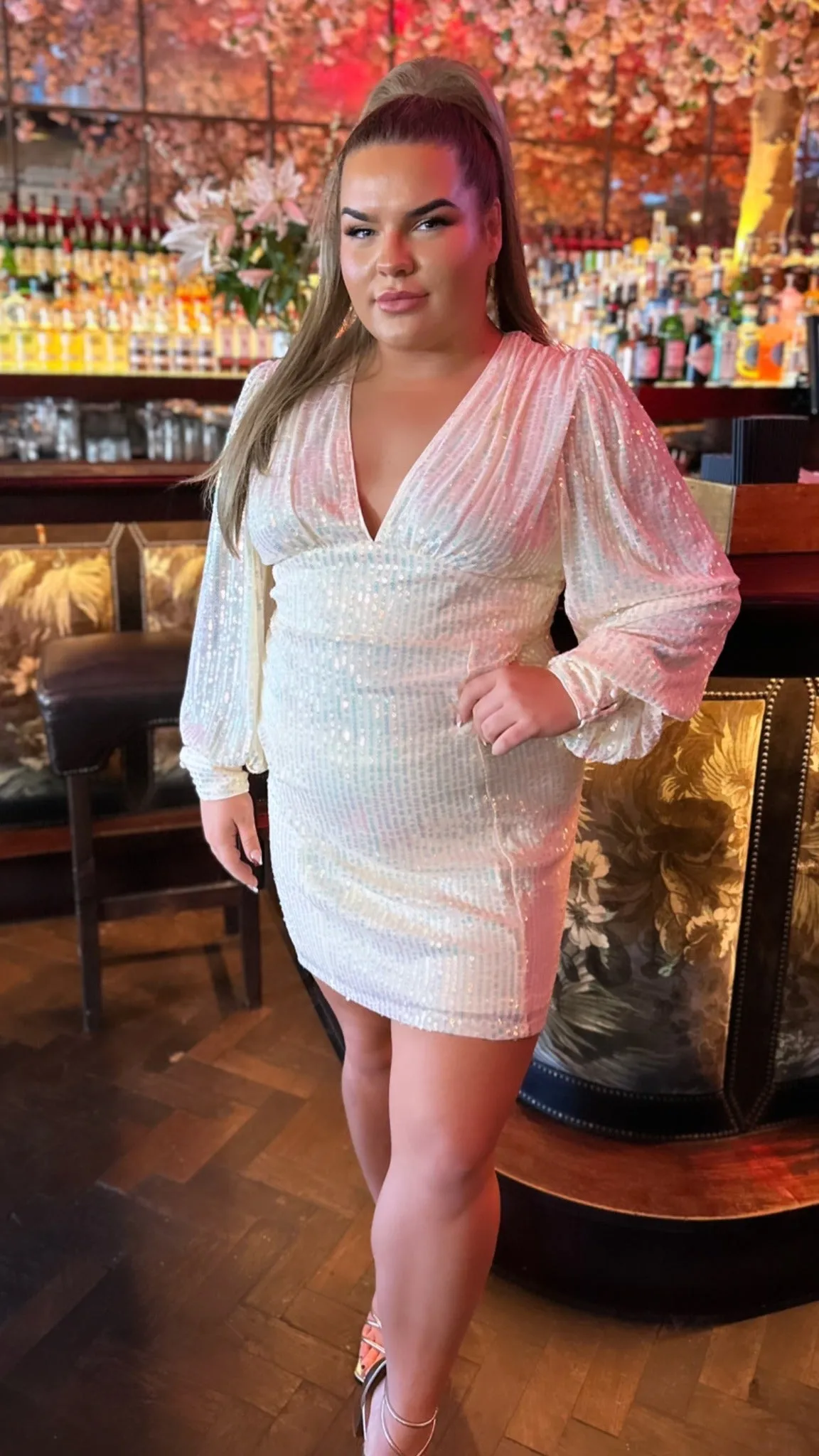 Starlette Multi Sequin Cream Ruched Detail Mini Dress