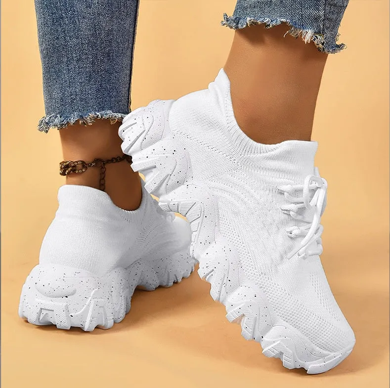 Stylish Women's Casual Sneakers with Perforated Knitted Upper for Comfort