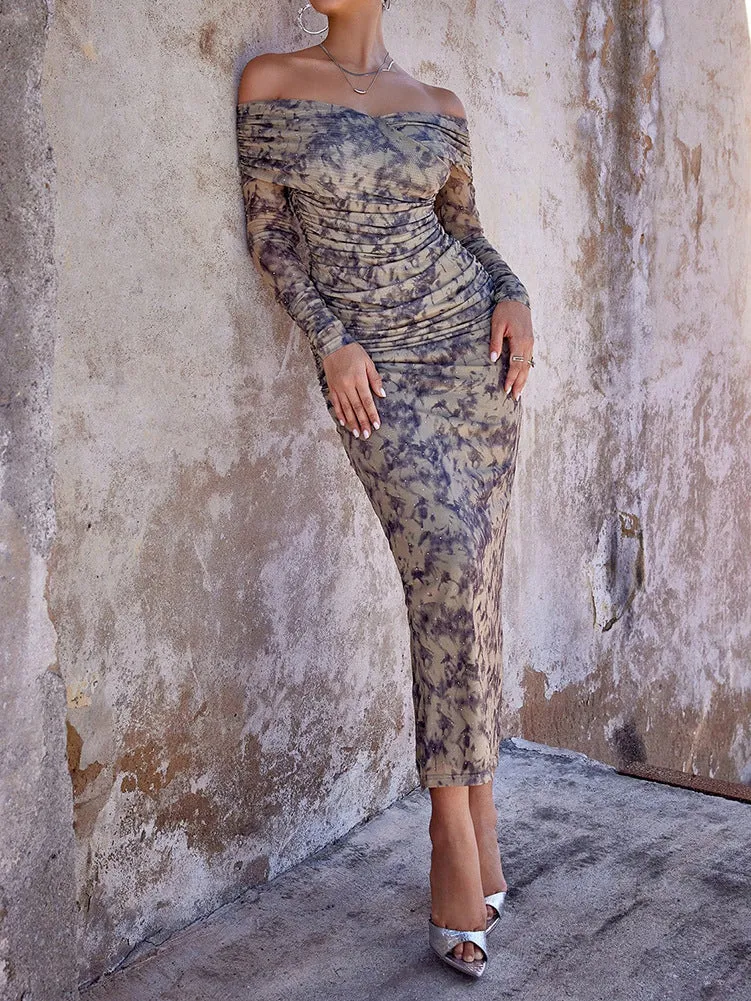 Sultry Off-Shoulder Ruched Mesh Print Bodycon Evening Dress