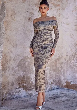 Sultry Off-Shoulder Ruched Mesh Print Bodycon Evening Dress