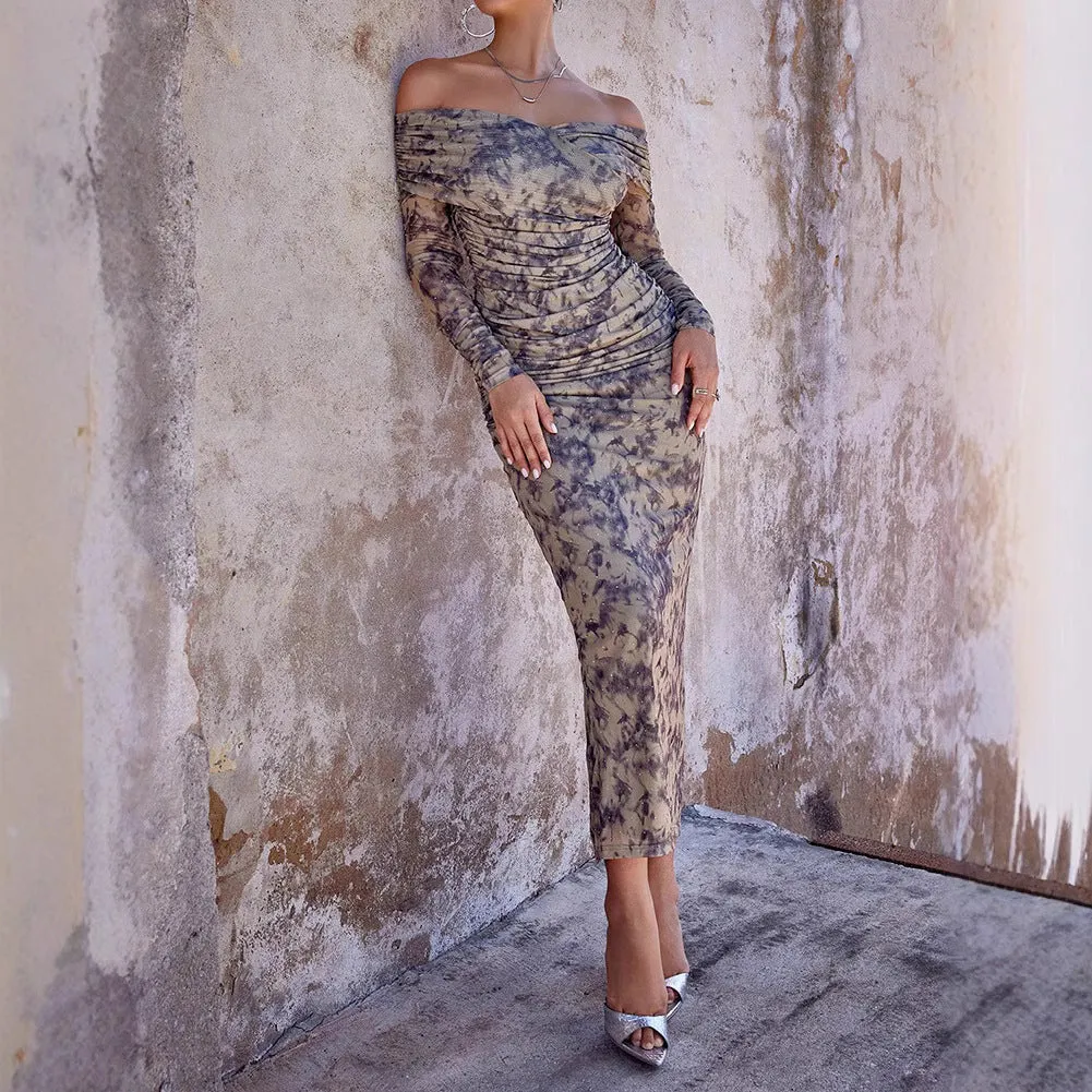 Sultry Off-Shoulder Ruched Mesh Print Bodycon Evening Dress