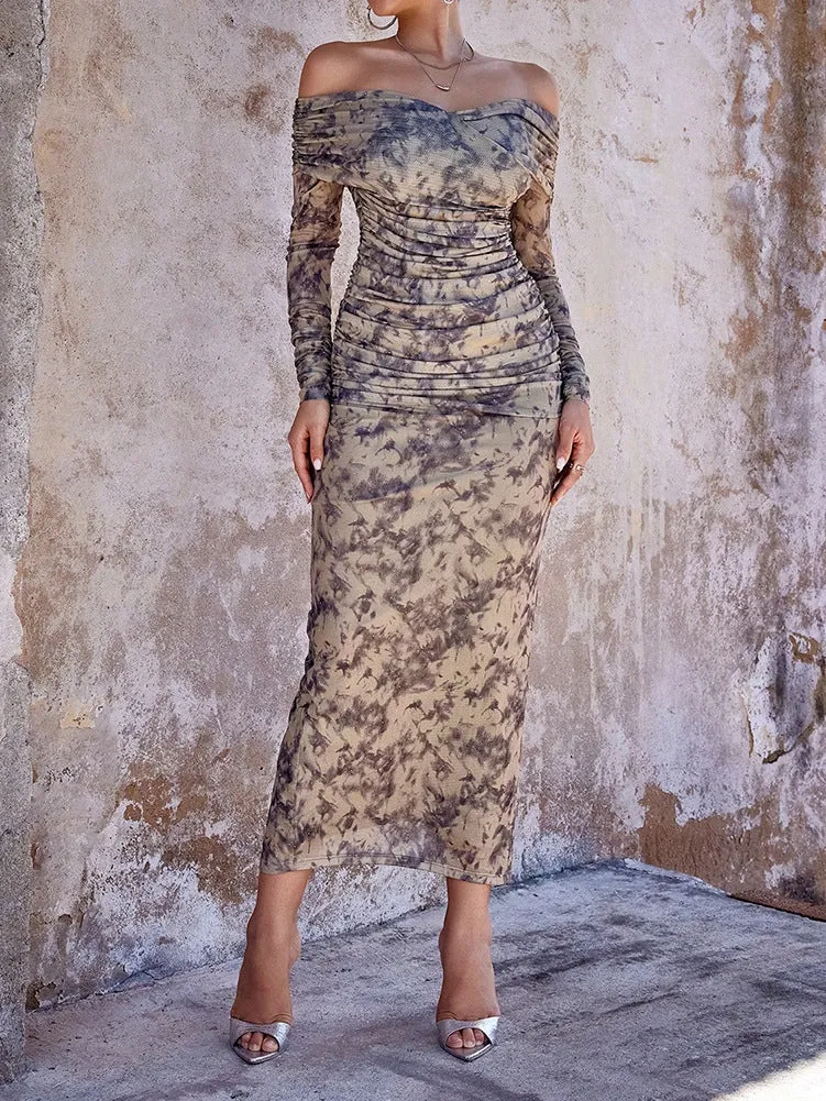 Sultry Off-Shoulder Ruched Mesh Print Bodycon Evening Dress