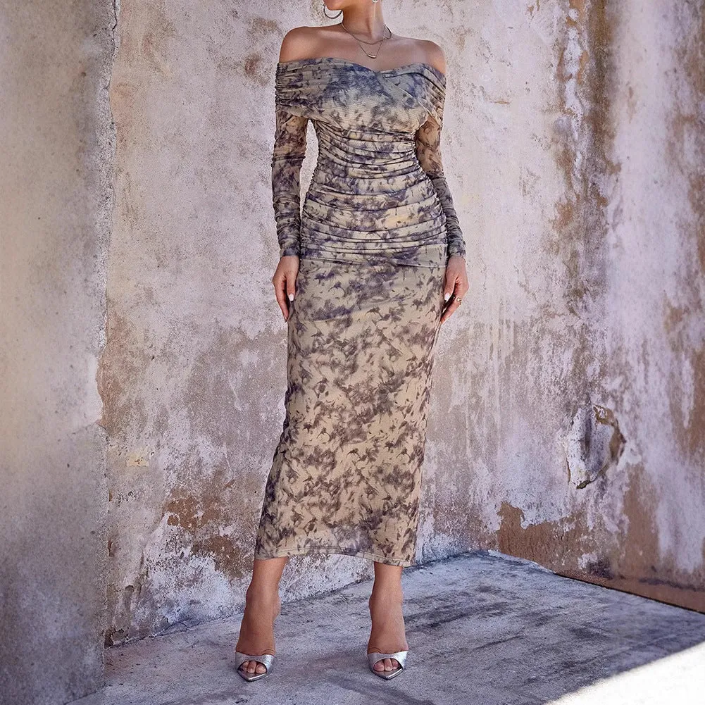 Sultry Off-Shoulder Ruched Mesh Print Bodycon Evening Dress