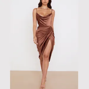 Tammy - Brown Satin Draped Split Midi Dress