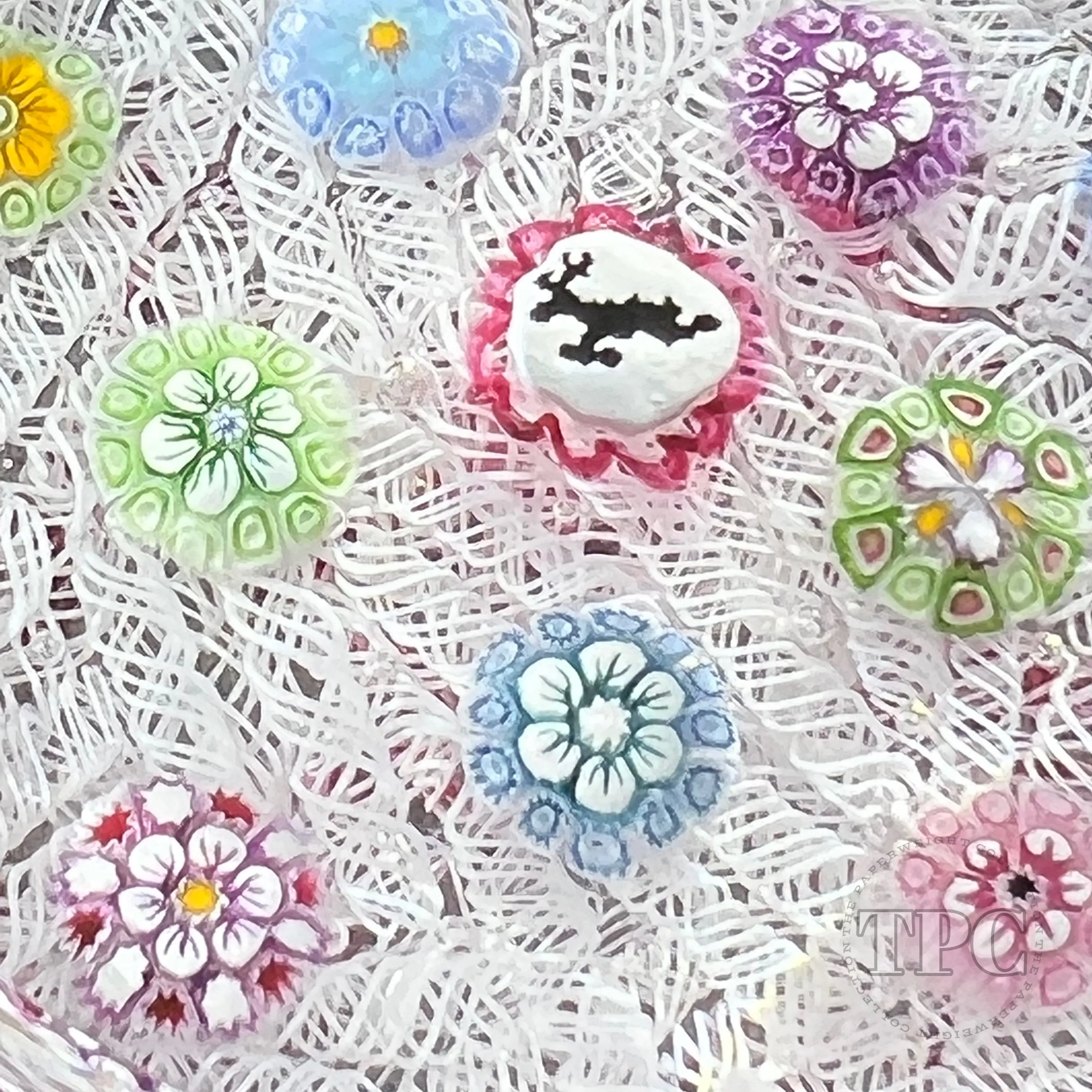 Tomasz Gondek 2022 Glass Art Paperweight Complex Spaced Millefiori with Caribou Silhouette on Upset Muslin Lace
