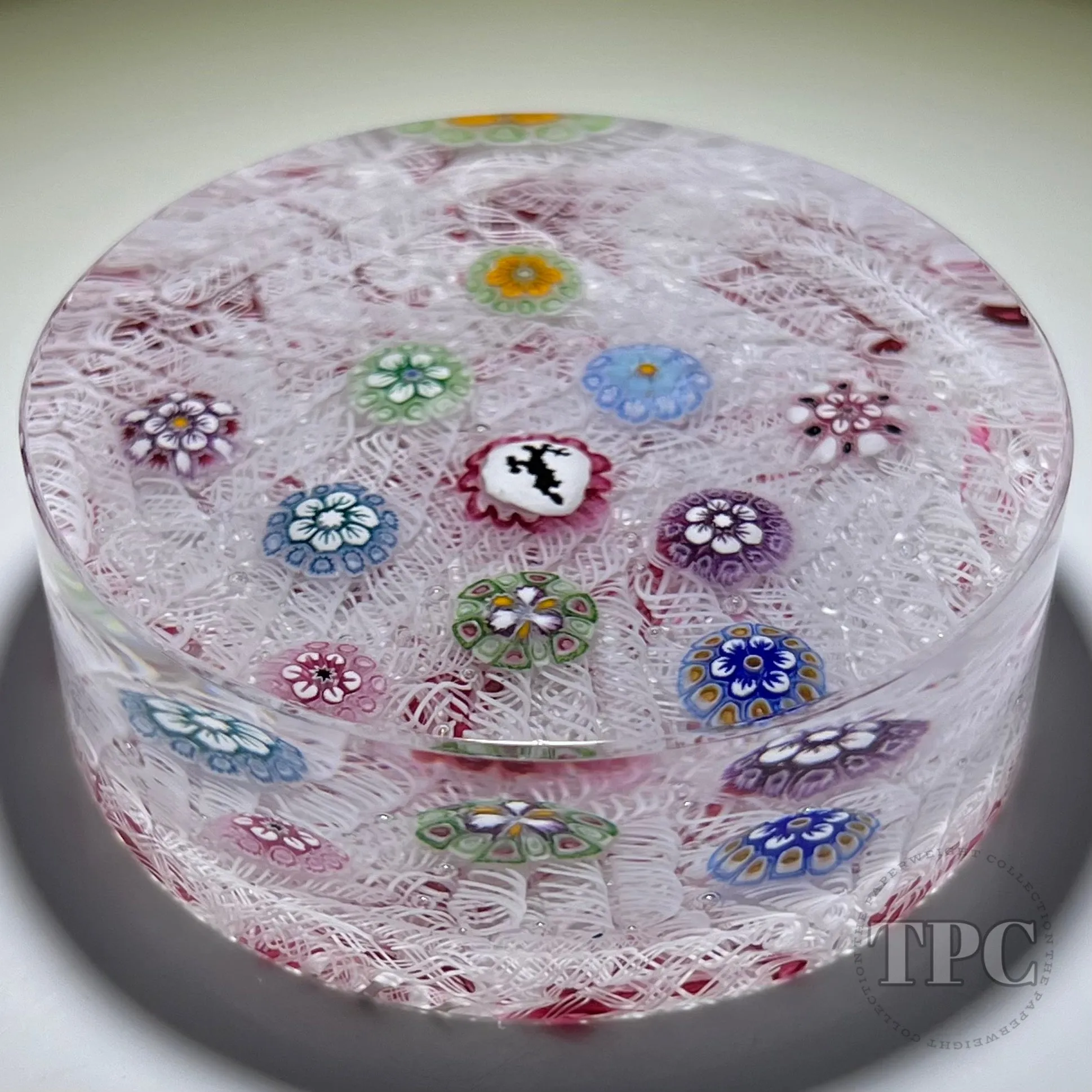 Tomasz Gondek 2022 Glass Art Paperweight Complex Spaced Millefiori with Caribou Silhouette on Upset Muslin Lace