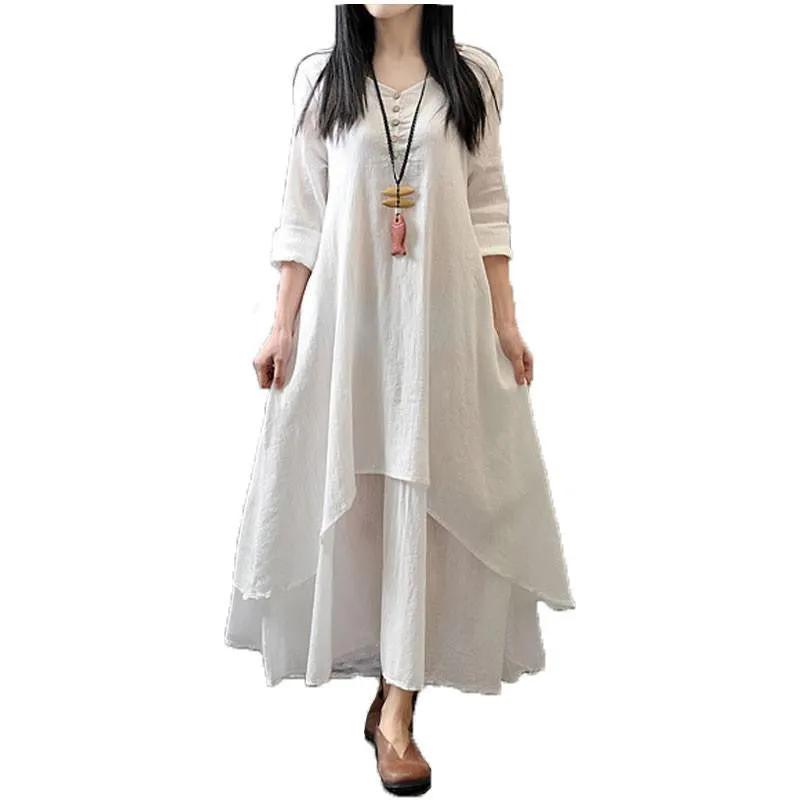 Top Fashion Autumn Women Casual Loose Long Sleeve Dress Cotton Linen Solid Long Maxi Dress Vestidos Plus Size S-5XL