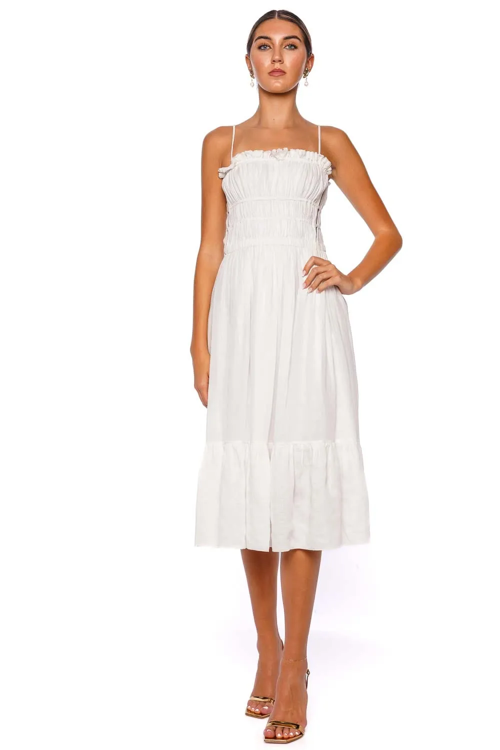 Un Romance Gathered Linen Midi Dress