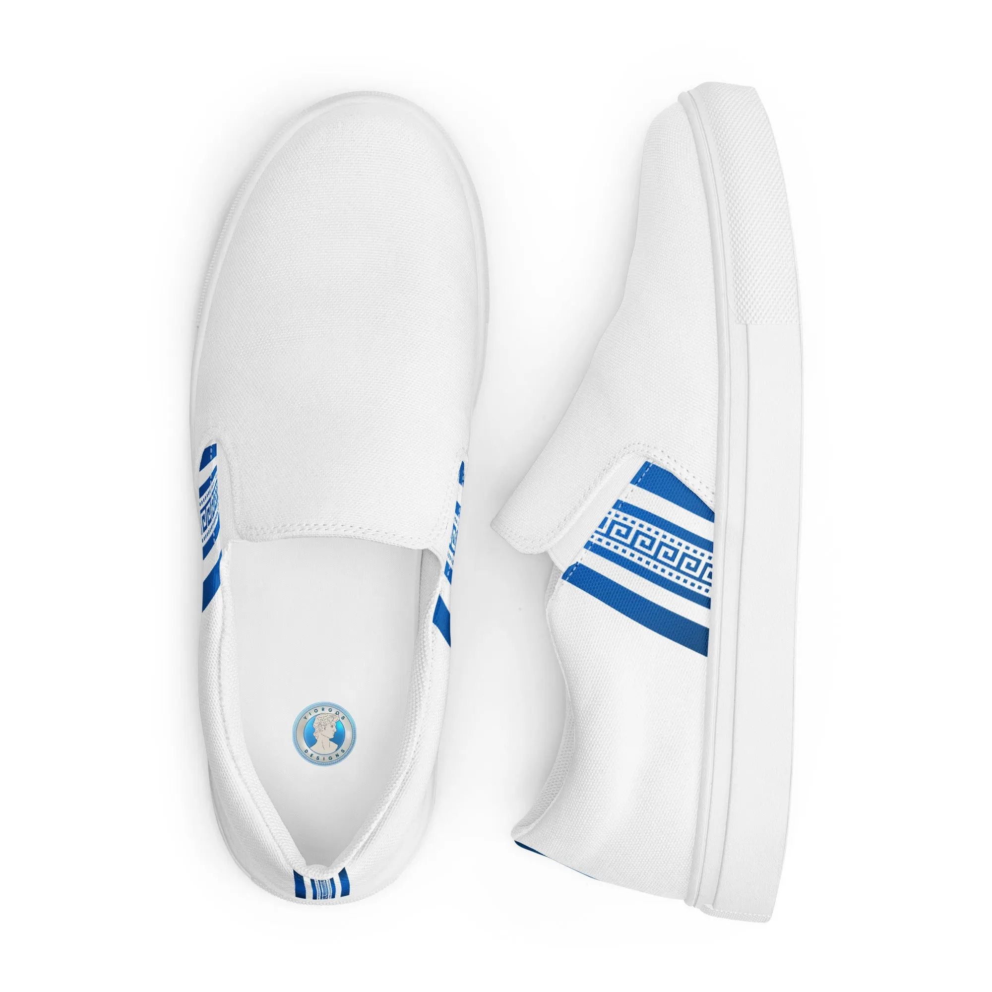 White Blue Greek Key Women’s slip-on canvas shoes
