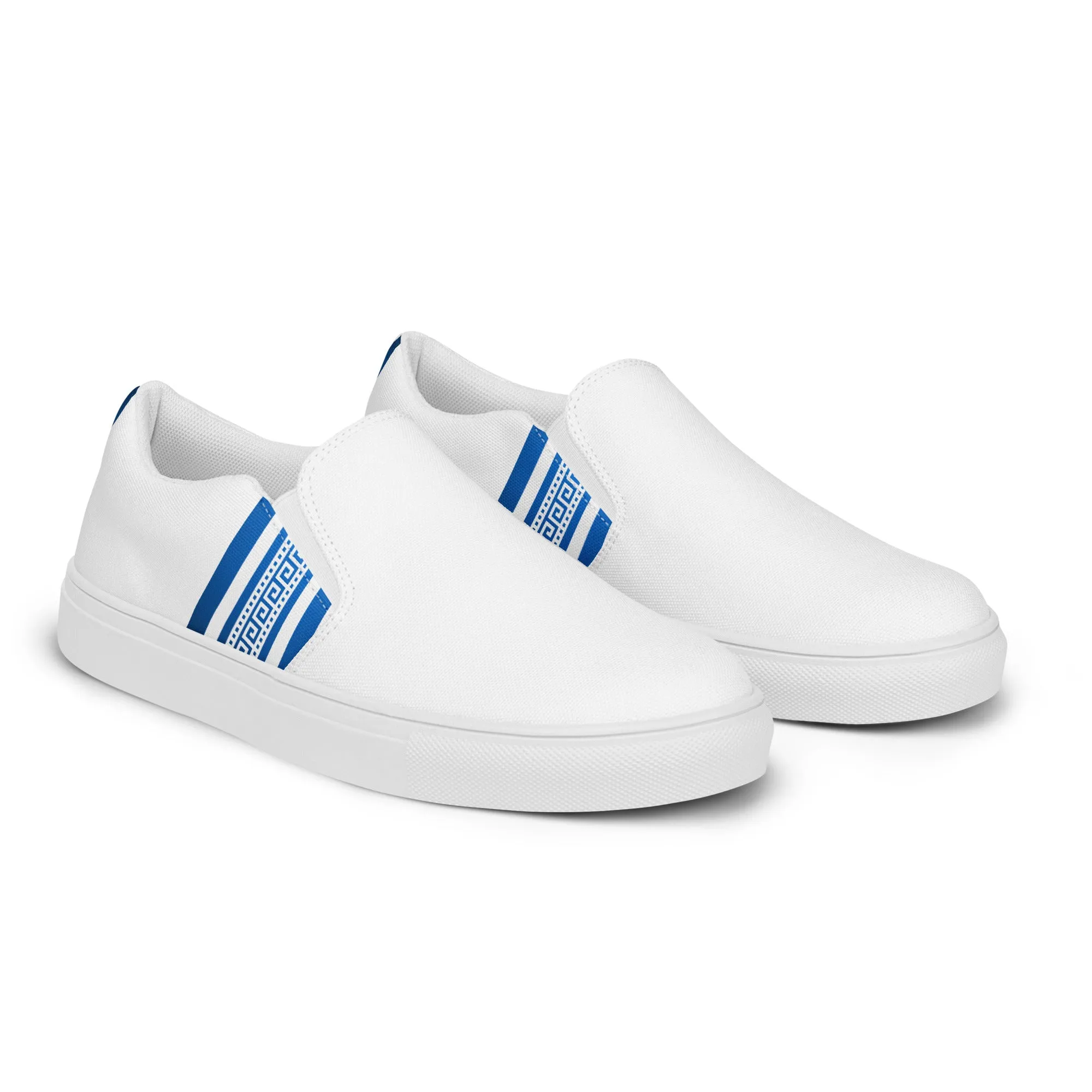 White Blue Greek Key Women’s slip-on canvas shoes