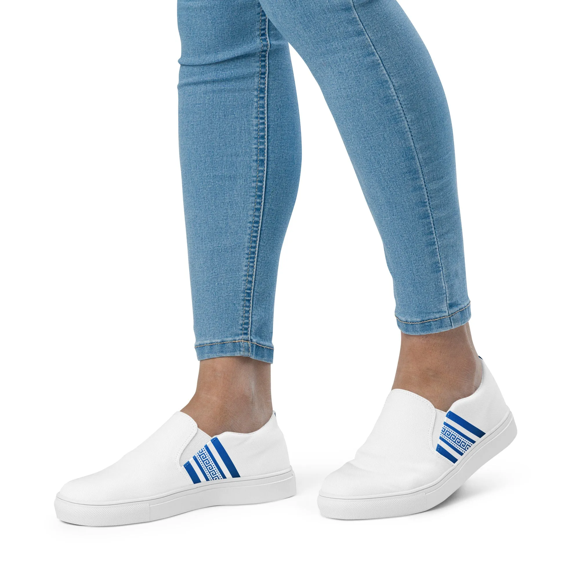 White Blue Greek Key Women’s slip-on canvas shoes