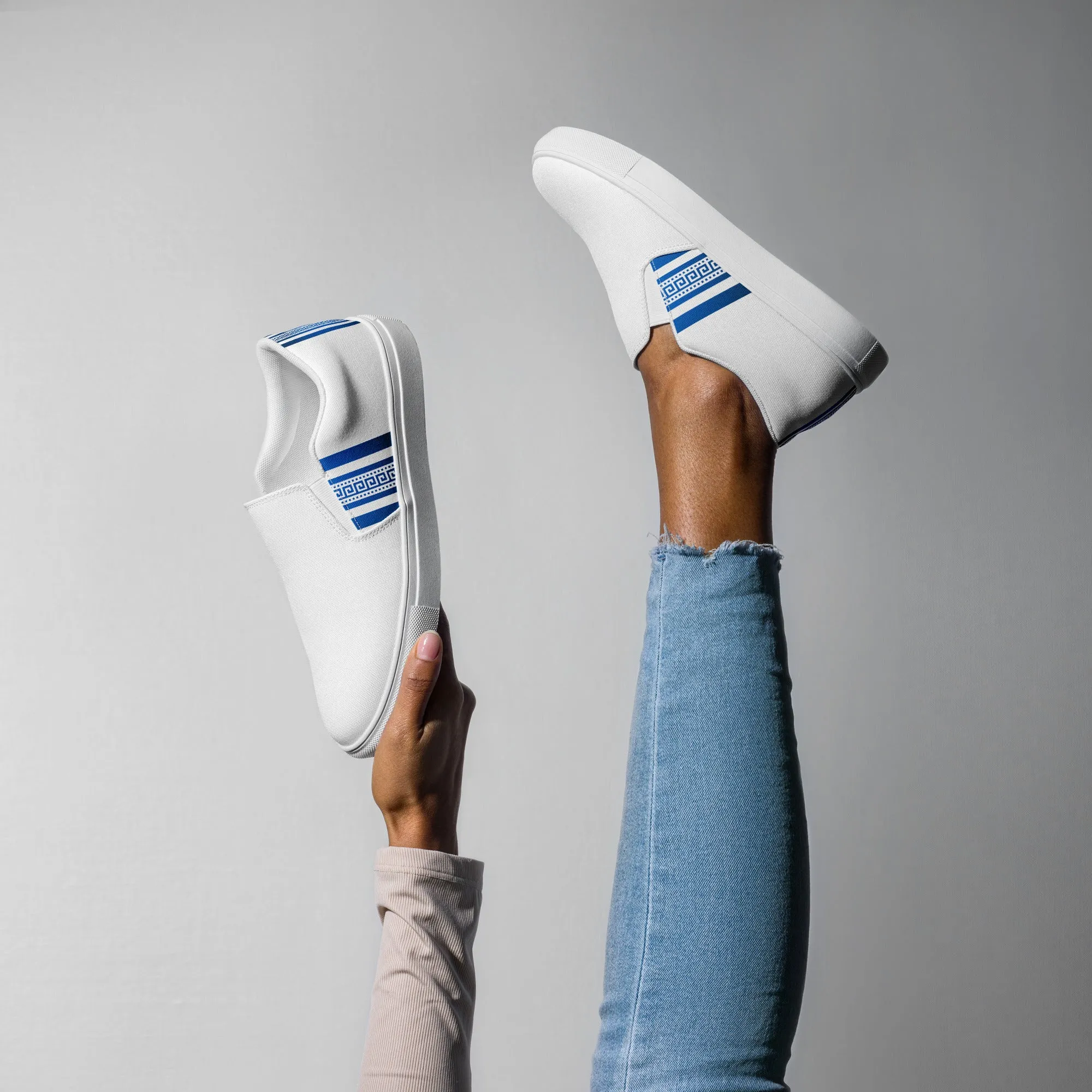 White Blue Greek Key Women’s slip-on canvas shoes