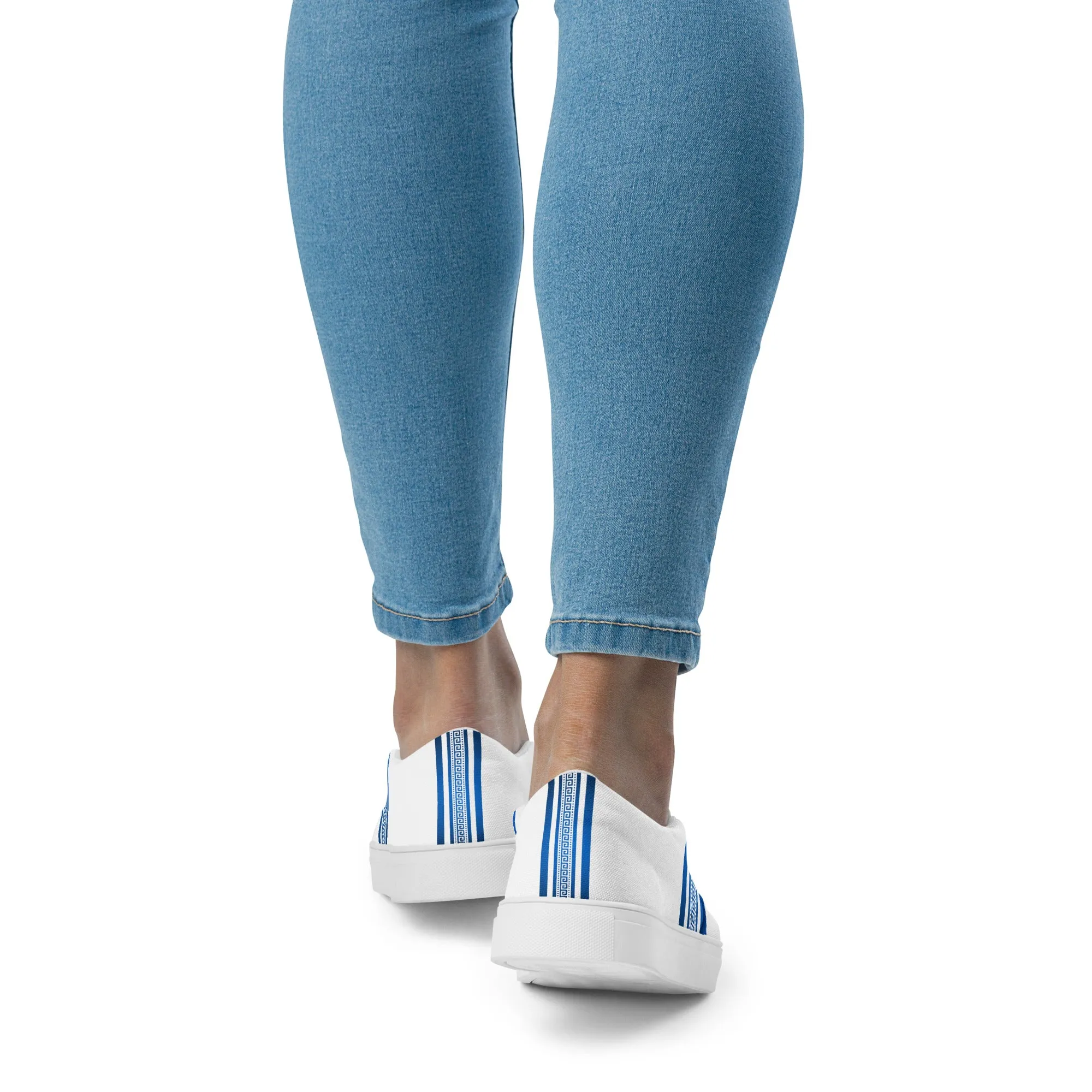 White Blue Greek Key Women’s slip-on canvas shoes