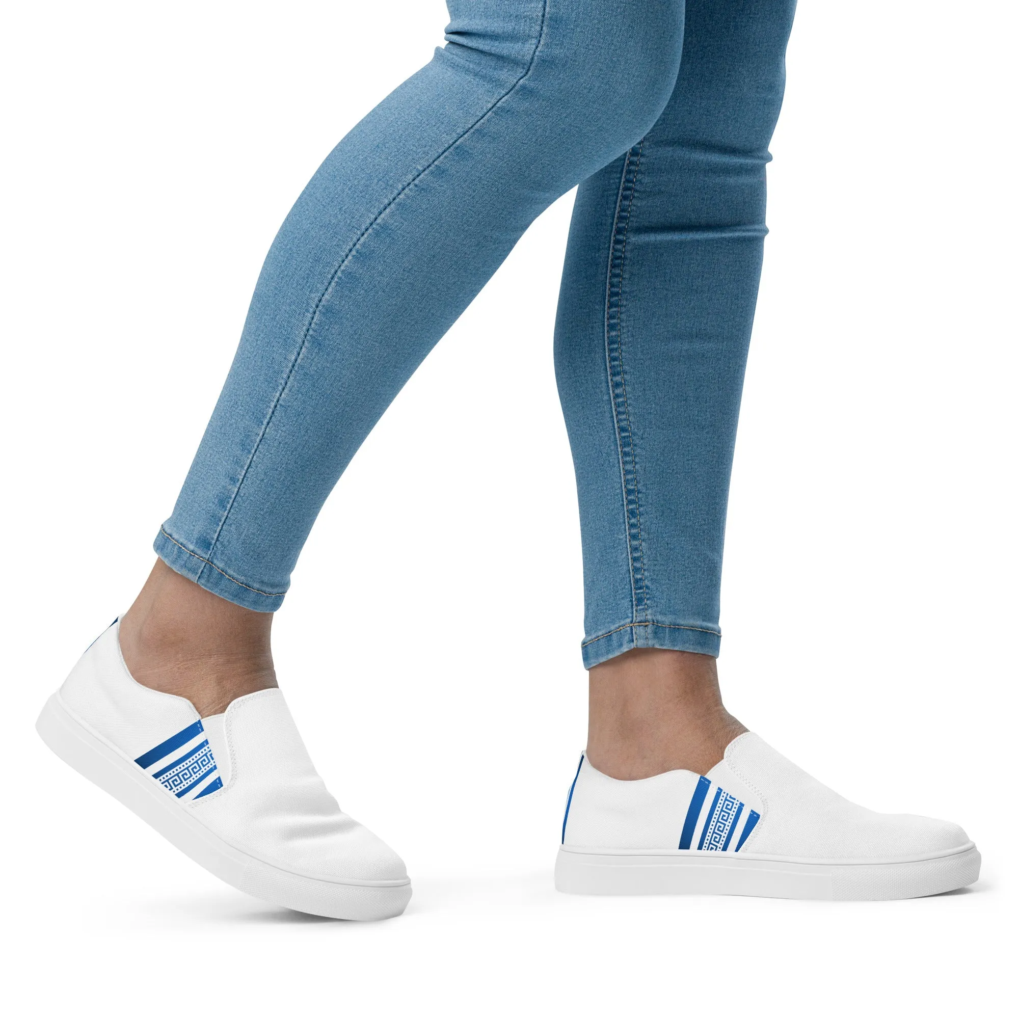 White Blue Greek Key Women’s slip-on canvas shoes