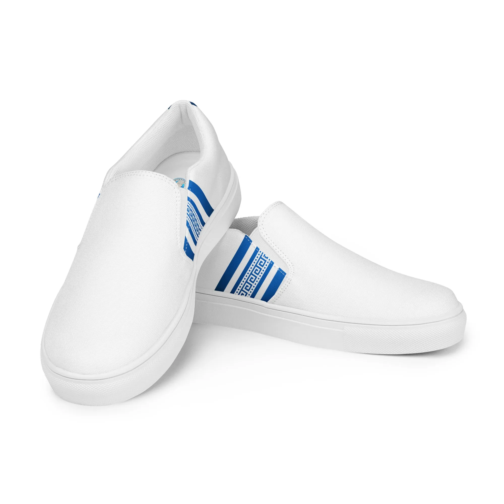 White Blue Greek Key Women’s slip-on canvas shoes