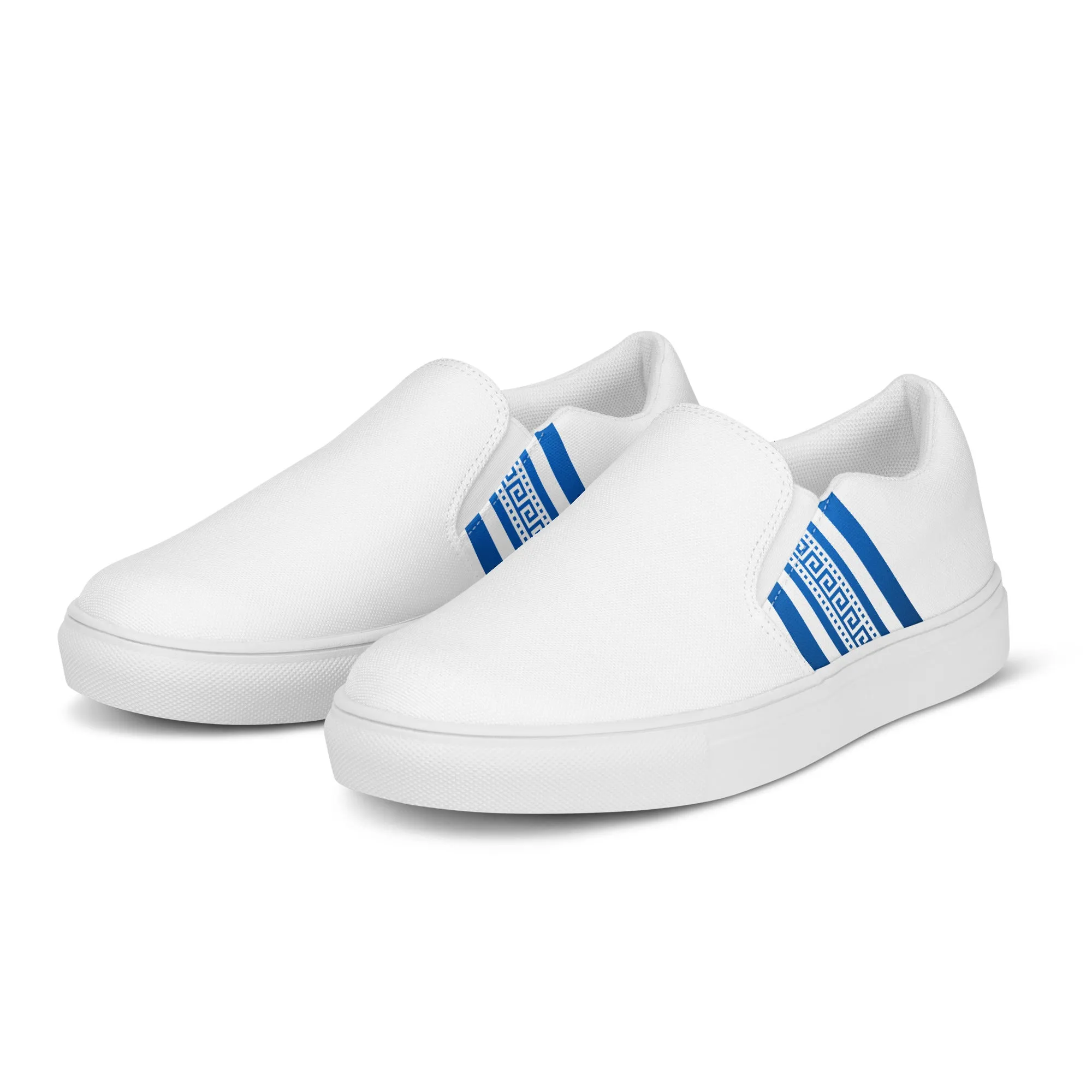 White Blue Greek Key Women’s slip-on canvas shoes
