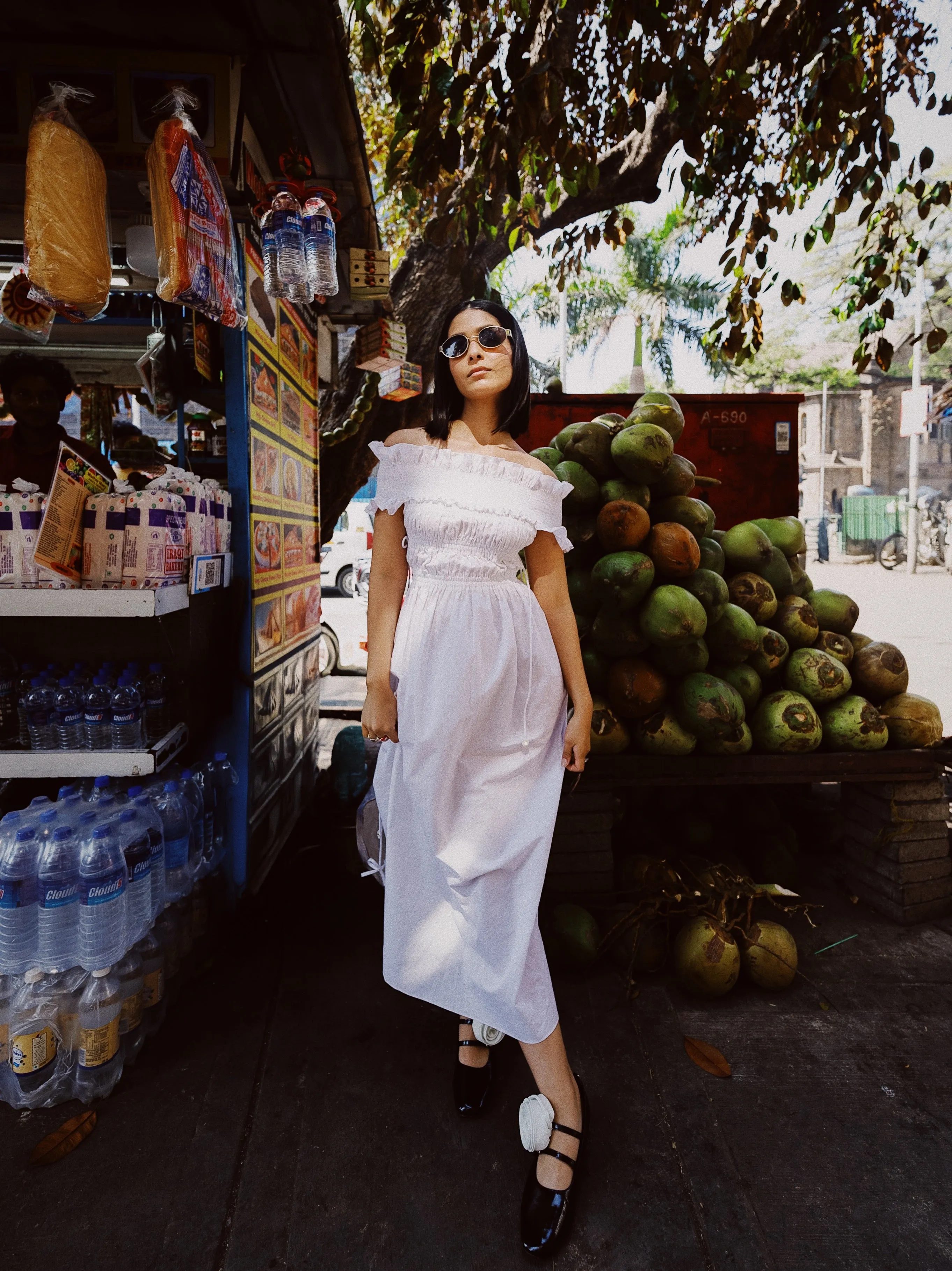 WHITE LILY SMOCKED OFF SHOULDER MIDI DRESS