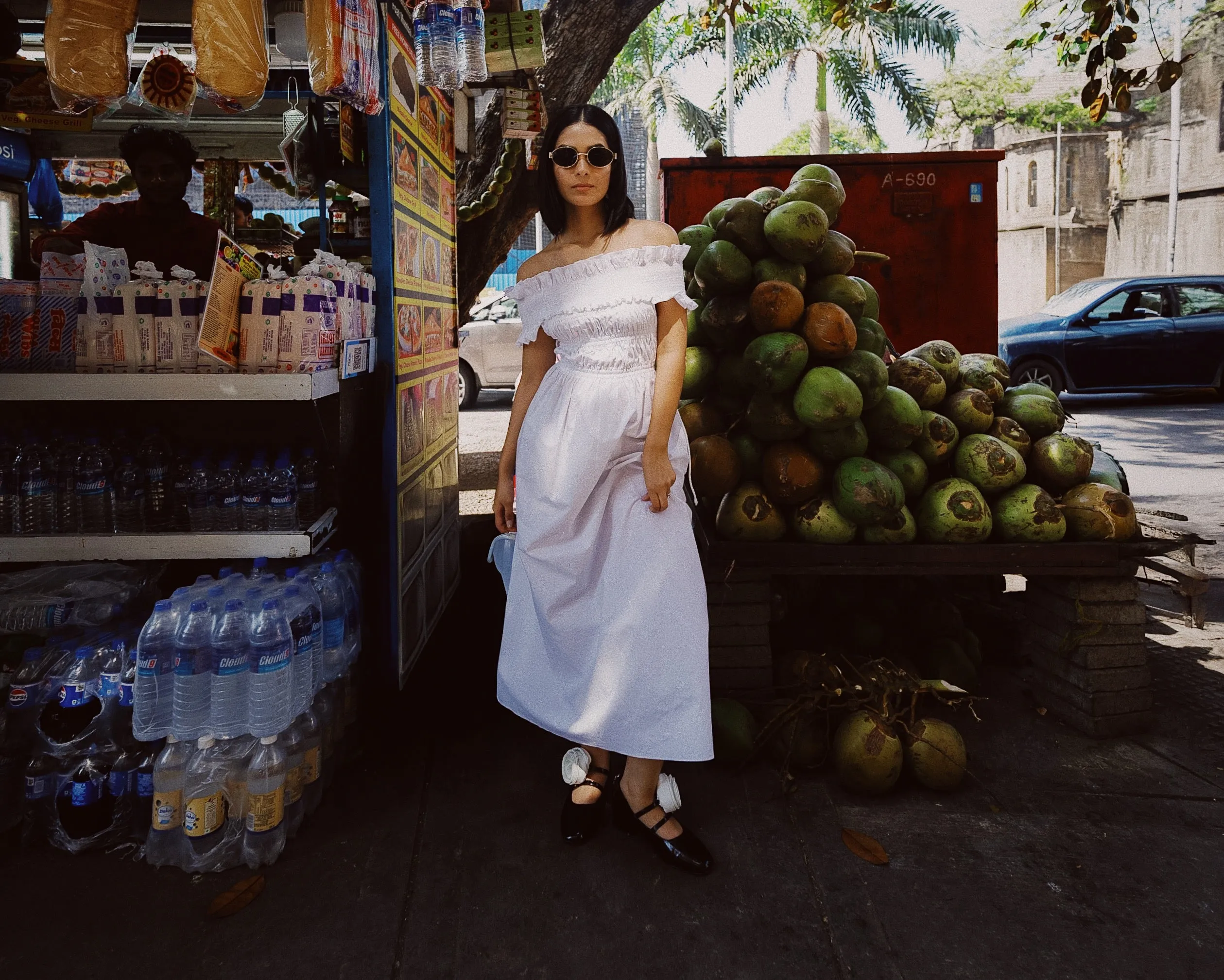 WHITE LILY SMOCKED OFF SHOULDER MIDI DRESS