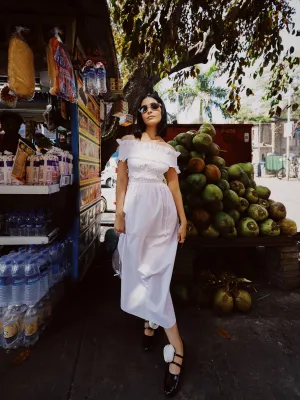 WHITE LILY SMOCKED OFF SHOULDER MIDI DRESS