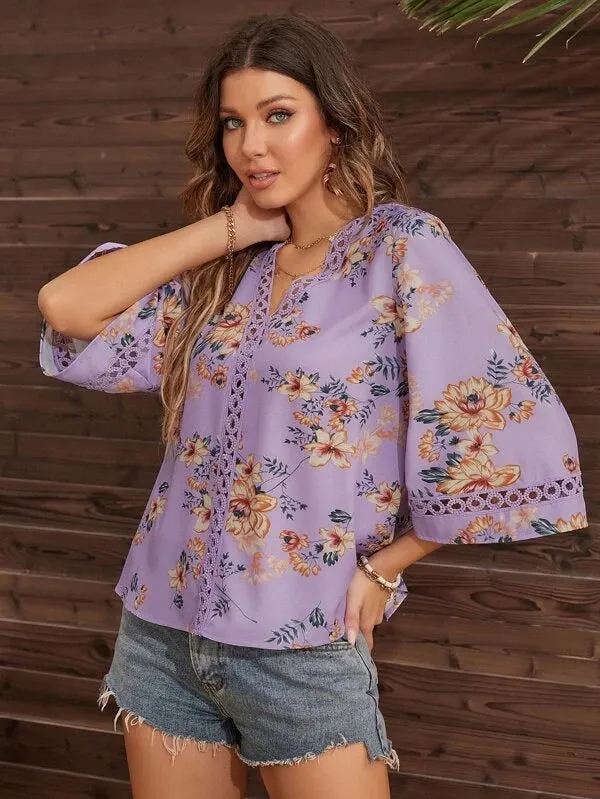 Women's Deep V-neck Three-quarter Sleeve Printed Shirt
