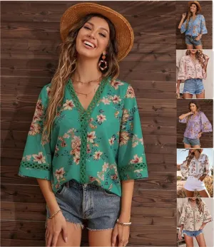 Women's Deep V-neck Three-quarter Sleeve Printed Shirt
