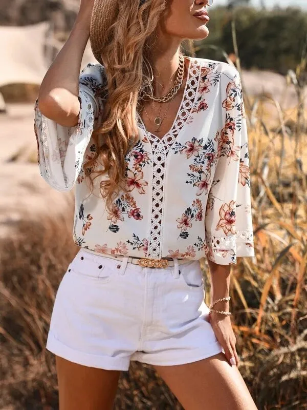 Women's Deep V-neck Three-quarter Sleeve Printed Shirt