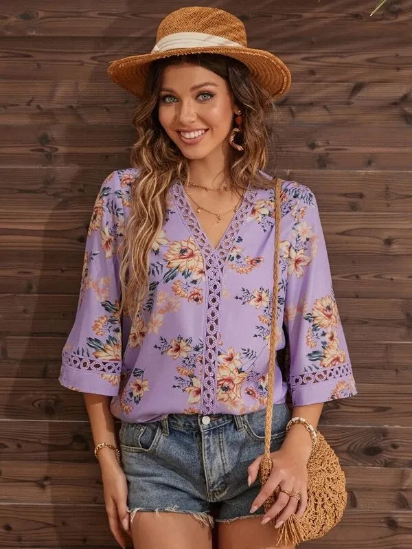 Women's Deep V-neck Three-quarter Sleeve Printed Shirt