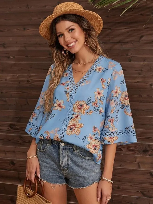 Women's Deep V-neck Three-quarter Sleeve Printed Shirt