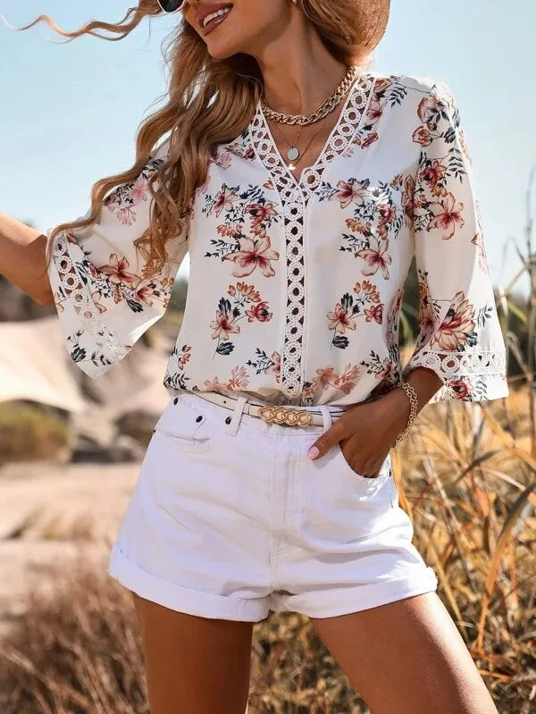 Women's Deep V-neck Three-quarter Sleeve Printed Shirt